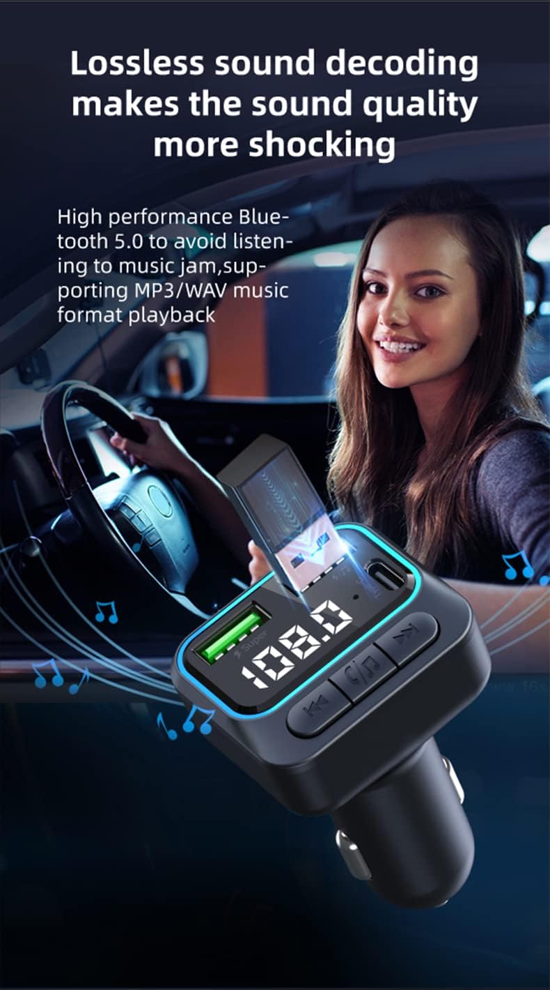 OHITEC Bluetooth 5.0 FM Transmitter for Car, Hands Free Calling, LED Screens Display, QC3.0 & PD 22.5W Quick Charger & Lossless Audio Quality Car Radio Bluetooth Adapter, Support USB Disk (C40) - Image 4